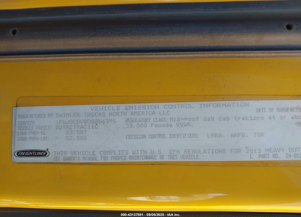 2013 FREIGHTLINER CASCADIA 125 VIN: 1FUJGEDV8DSBU6395