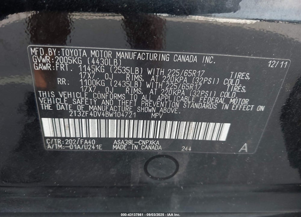 2011 TOYOTA RAV4 VIN: 2T3ZF4DV4BW104721