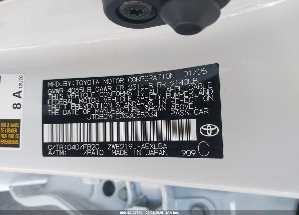 2025 TOYOTA COROLLA HYBRID LE VIN: JTDBCMFE3S3085234