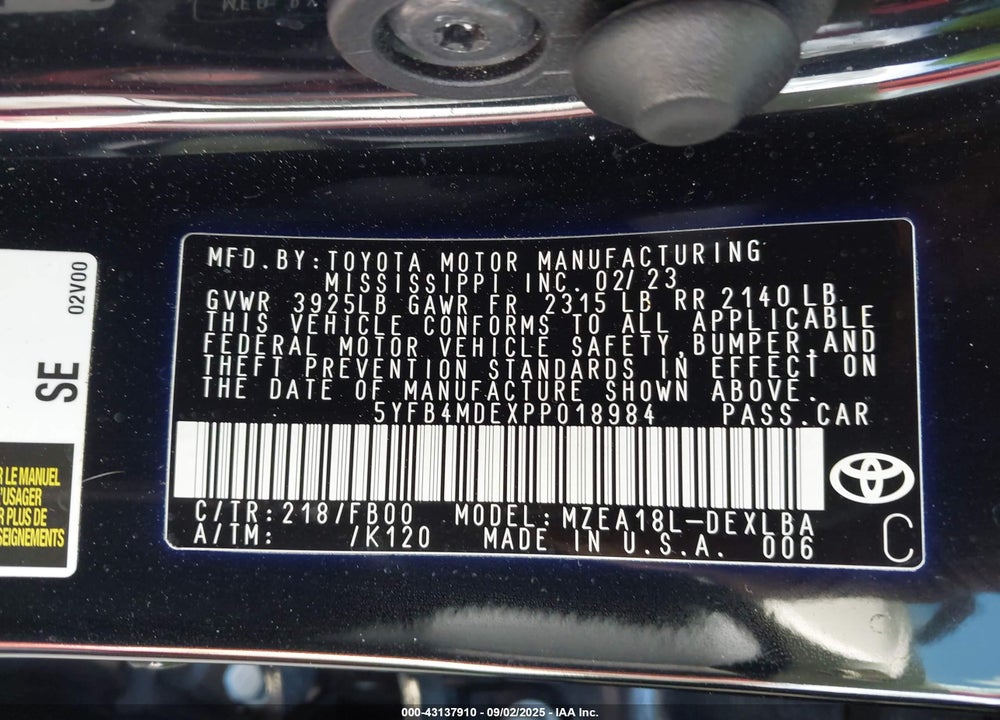 2023 TOYOTA COROLLA VIN: 5YFB4MDEXPP018984