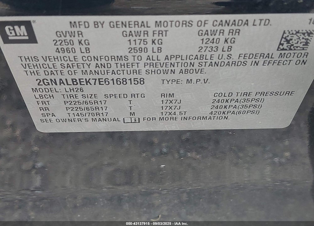 2014 CHEVROLET EQUINOX VIN: 2GNALBEK7E6168158