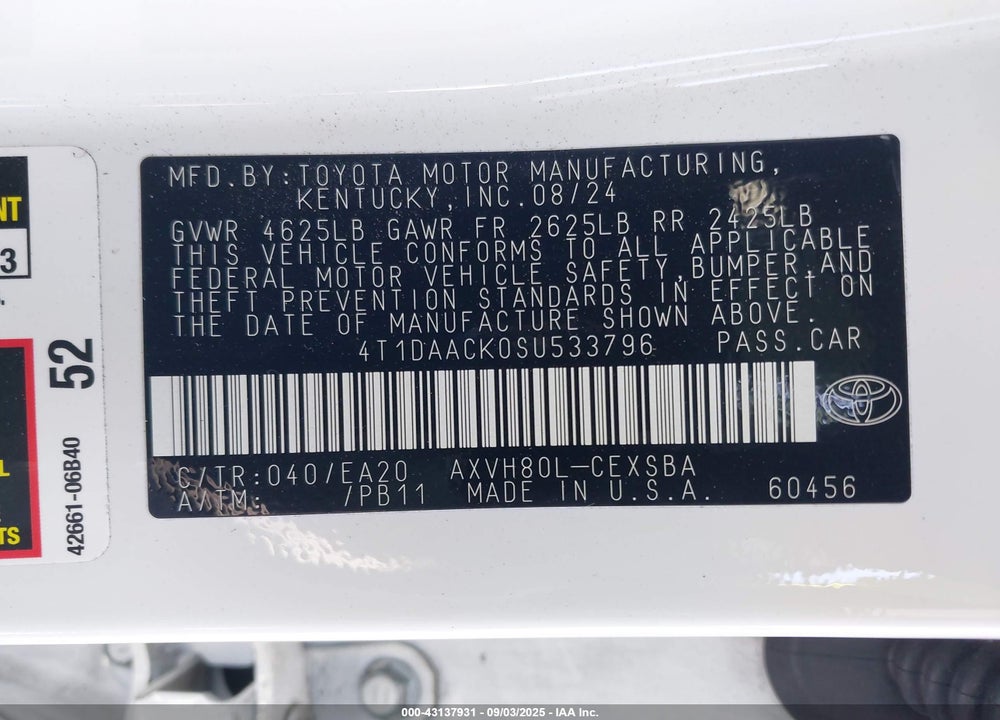 2025 TOYOTA CAMRY SE VIN: 4T1DAACK0SU533796