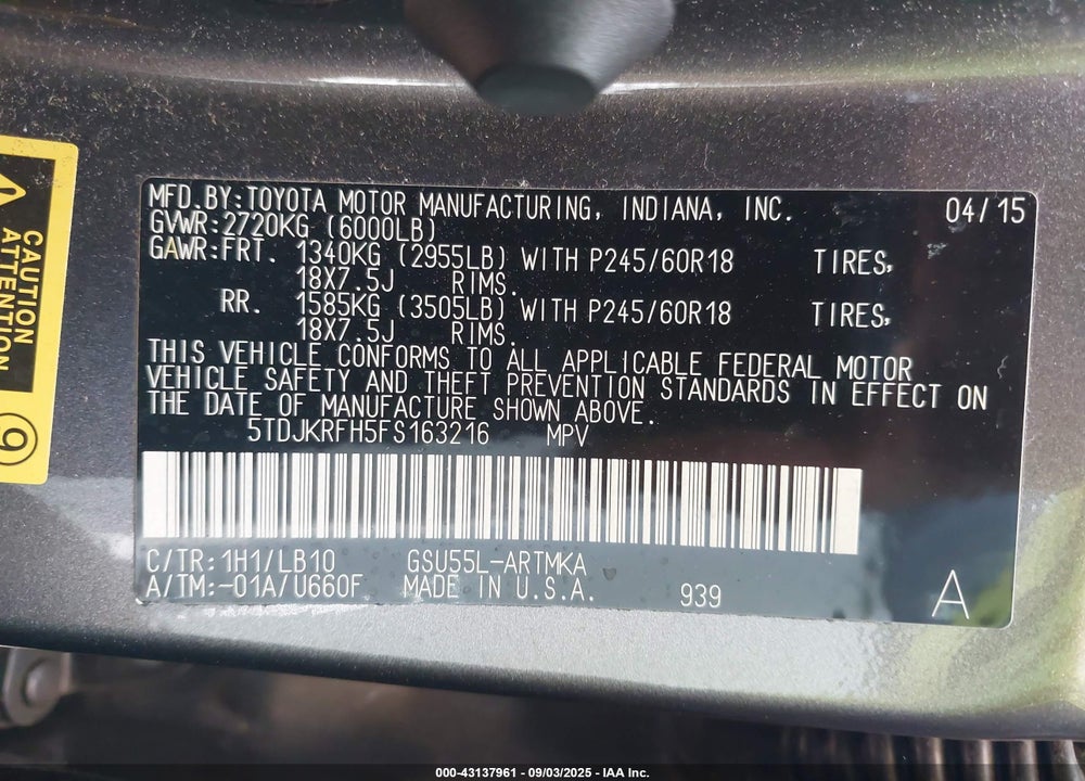 2015 TOYOTA HIGHLANDER VIN: 5TDJKRFH5FS163216