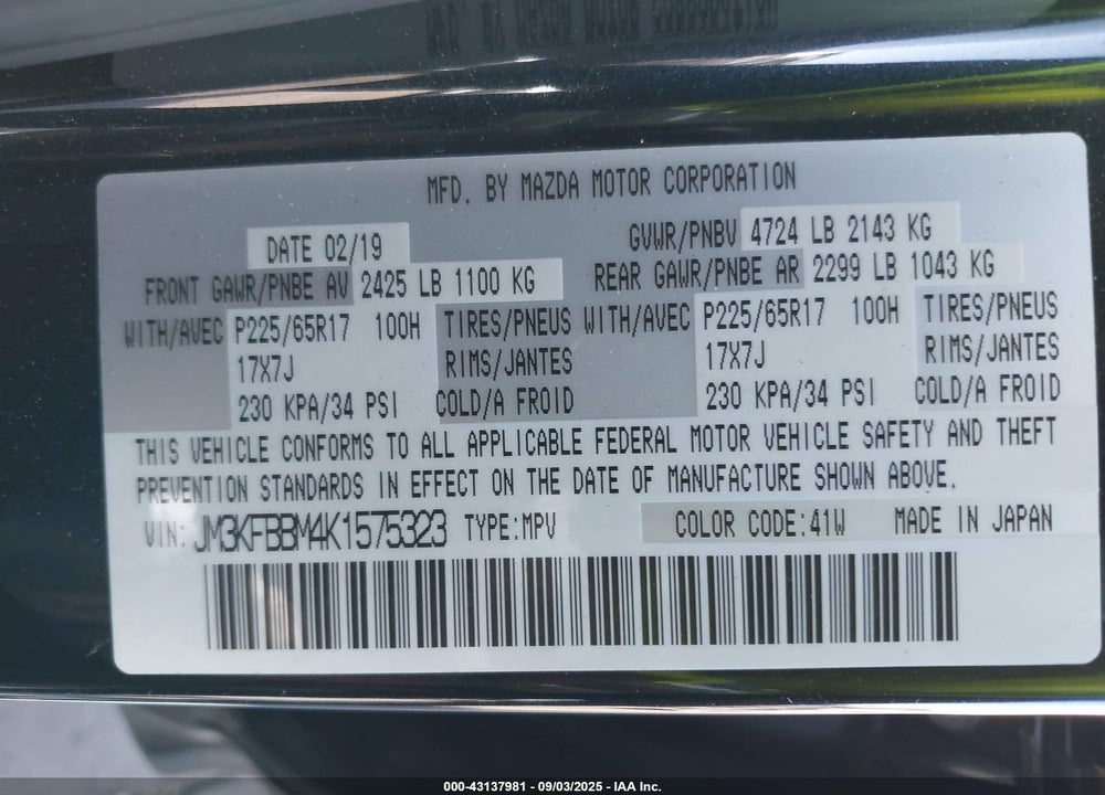 2019 MAZDA CX-5 VIN: JM3KFBBM4K1575323