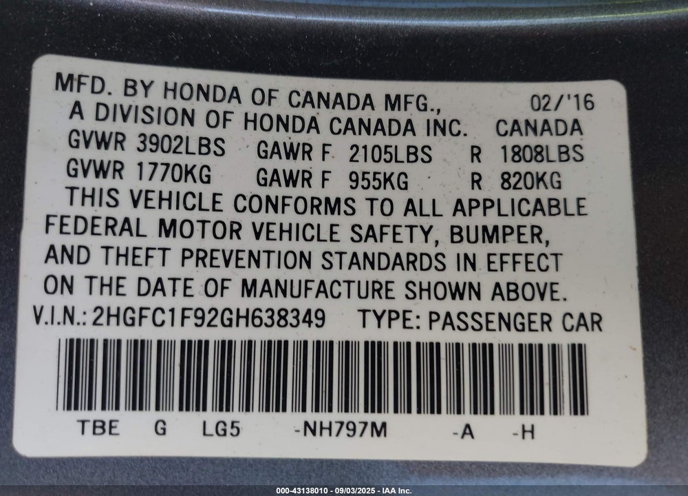 2016 HONDA CIVIC VIN: 2HGFC1F92GH638349