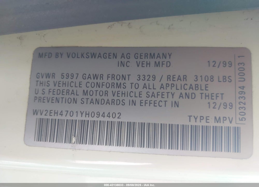2000 VOLKSWAGEN EUROVAN MV VIN: WV2EH4701YH094402