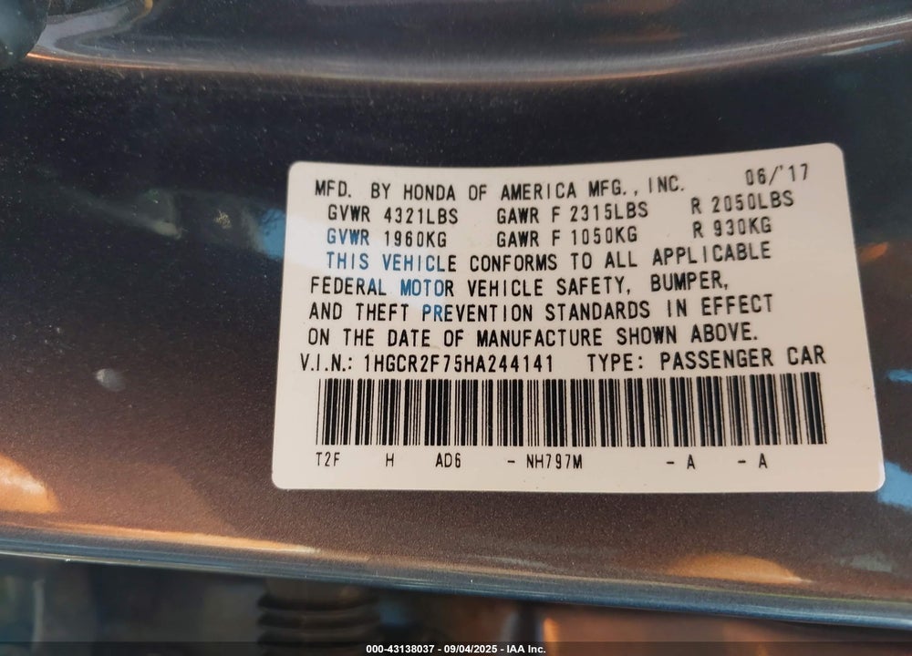 2017 HONDA ACCORD VIN: 1HGCR2F75HA244141
