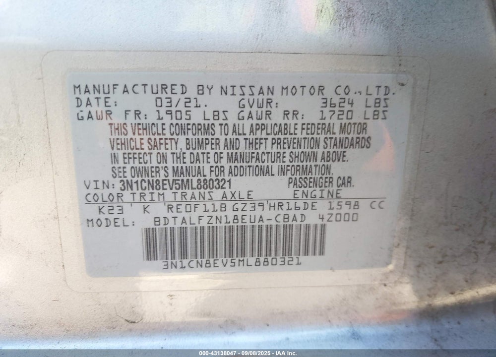 2021 NISSAN VERSA VIN: 3N1CN8EV5ML880321