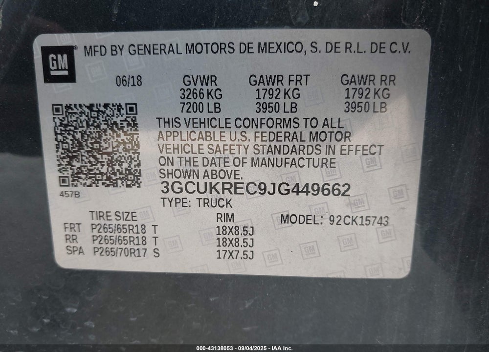 2018 CHEVROLET SILVERADO 1500 2LT VIN: 3GCUKREC9JG449662