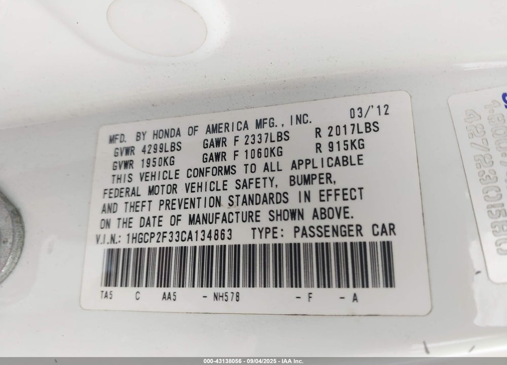 2012 HONDA ACCORD 2.4 LX VIN: 1HGCP2F33CA134863