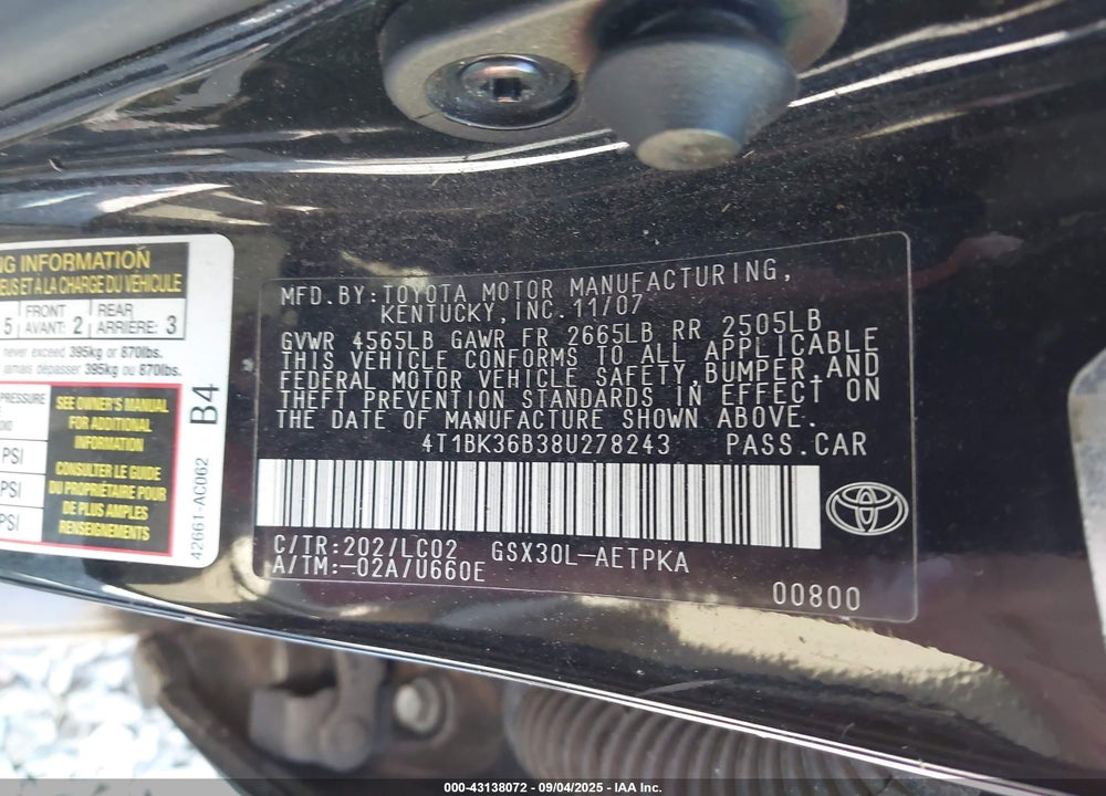 2008 TOYOTA AVALON LIMITED VIN: 4T1BK36B38U278243