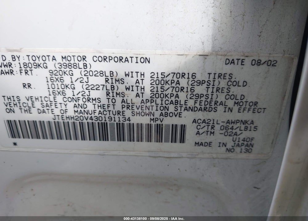 2003 TOYOTA RAV4 VIN: JTEHH20V430191134