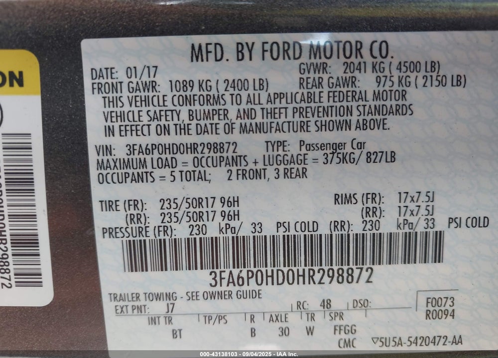 2017 FORD FUSION VIN: 3FA6P0HD0HR298872