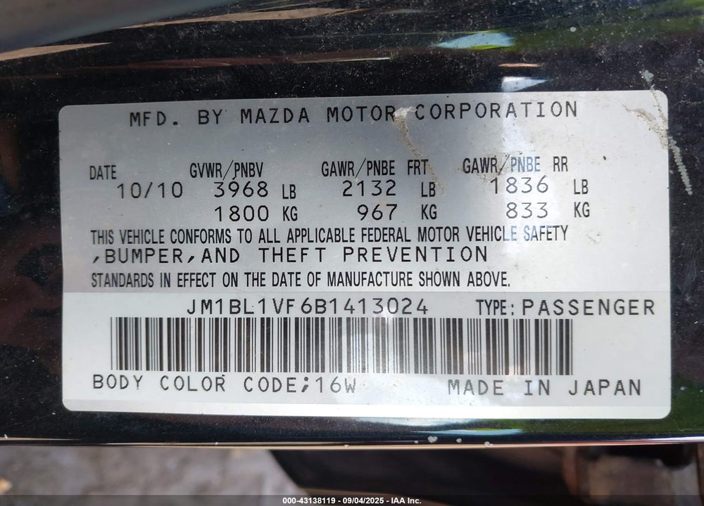 2011 MAZDA 3 VIN: JM1BL1VF6B1413024