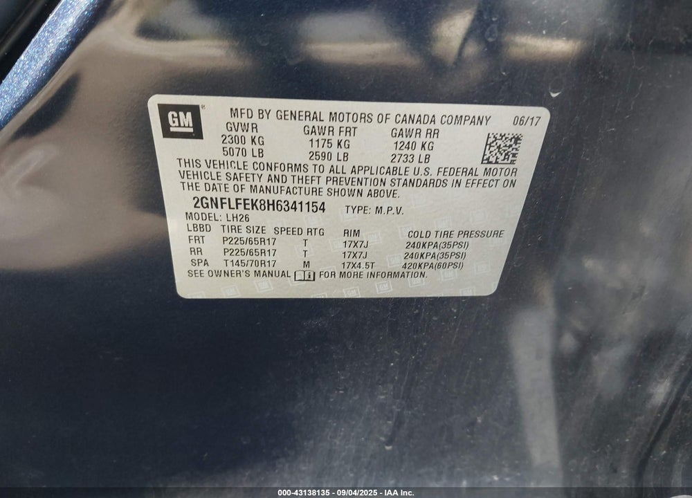 2017 CHEVROLET EQUINOX LT VIN: 2GNFLFEK8H6341154