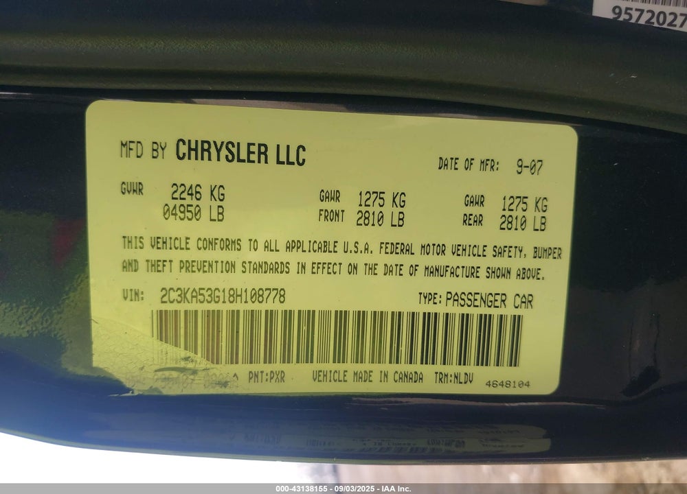 2008 CHRYSLER 300 TOURING VIN: 2C3KA53G18H108778