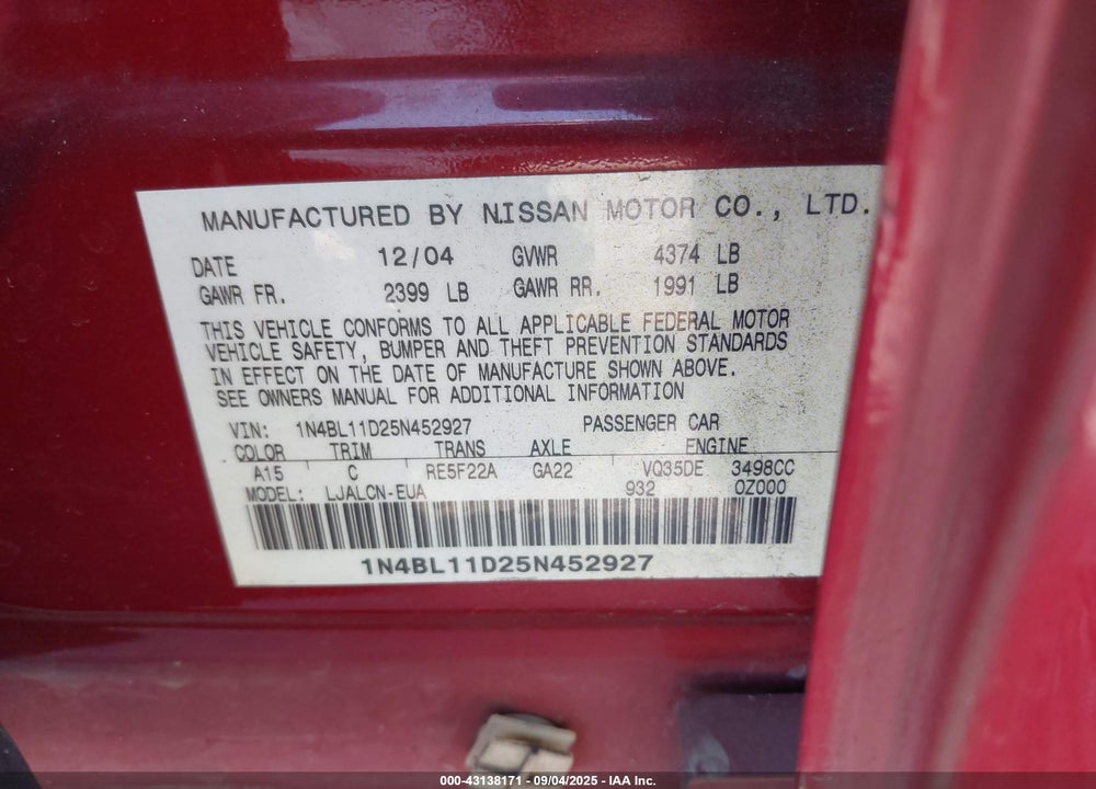2005 NISSAN ALTIMA 3.5 SE VIN: 1N4BL11D25N452927