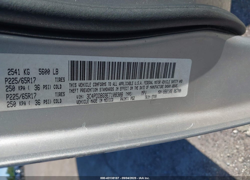 2014 DODGE JOURNEY VIN: 3C4PDDBG9ET108308