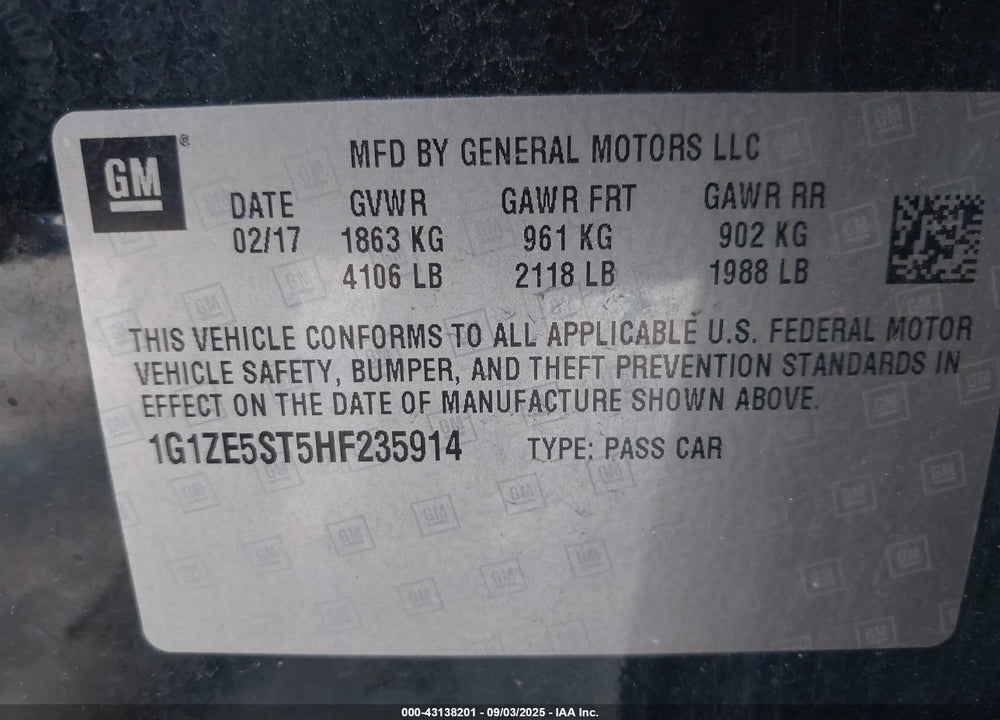 2017 CHEVROLET MALIBU VIN: 1G1ZE5ST5HF235914