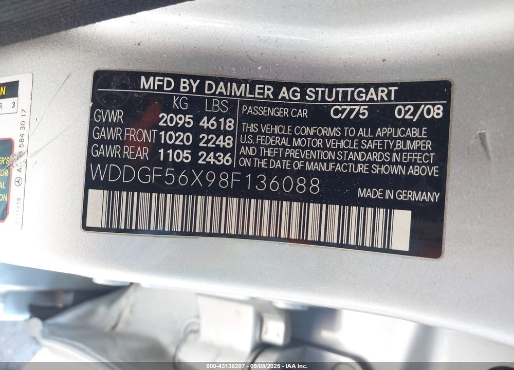 2008 MERCEDES-BENZ C 350 SPORT VIN: WDDGF56X98F136088