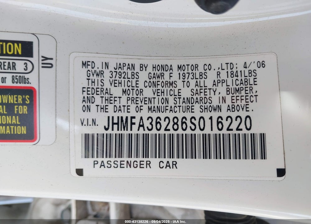 2006 HONDA CIVIC HYBRID VIN: JHMFA36286S016220