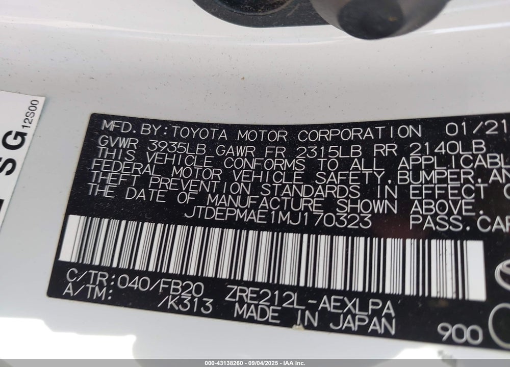 2021 TOYOTA COROLLA VIN: JTDEPMAE1MJ170323