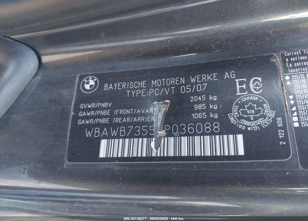 2007 BMW 335I VIN: WBAWB73557P036088