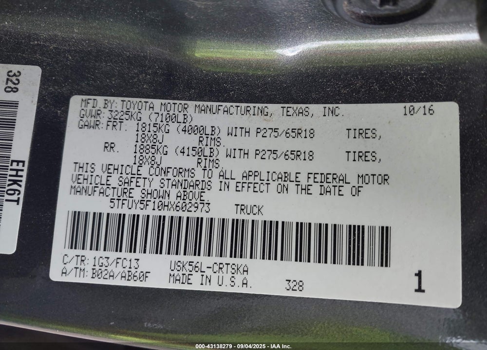 2017 TOYOTA TUNDRA VIN: 5TFUY5F10HX602973