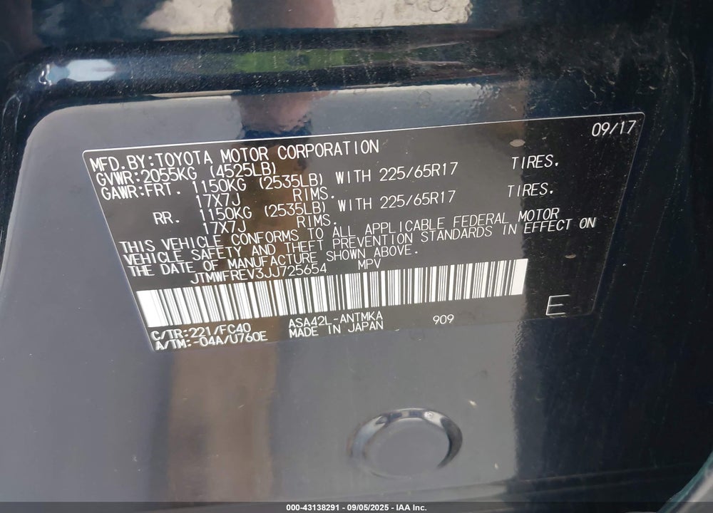 2018 TOYOTA RAV4 XLE VIN: JTMWFREV3JJ725654