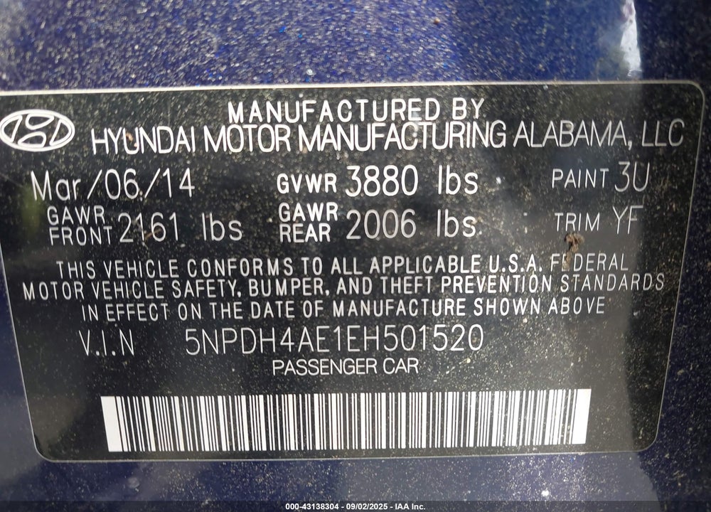 2014 HYUNDAI ELANTRA SE VIN: 5NPDH4AE1EH501520