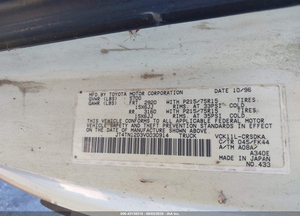 1997 TOYOTA T100 DX V6 VIN: JT4TN12D3V0030914