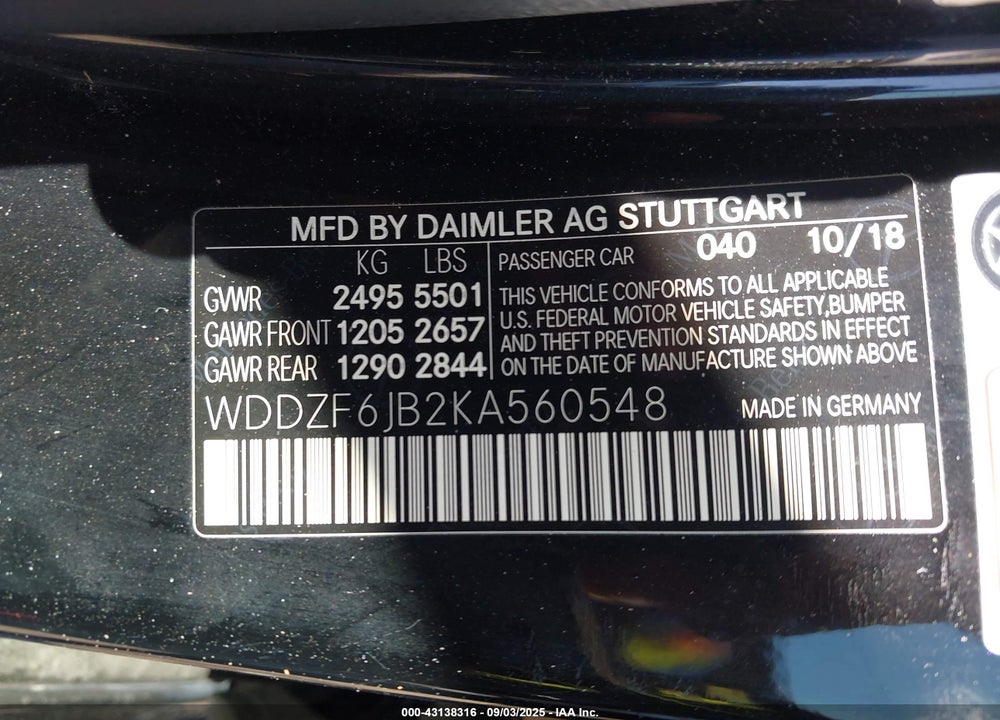 2019 MERCEDES-BENZ E-CLASS VIN: WDDZF6JB2KA560548