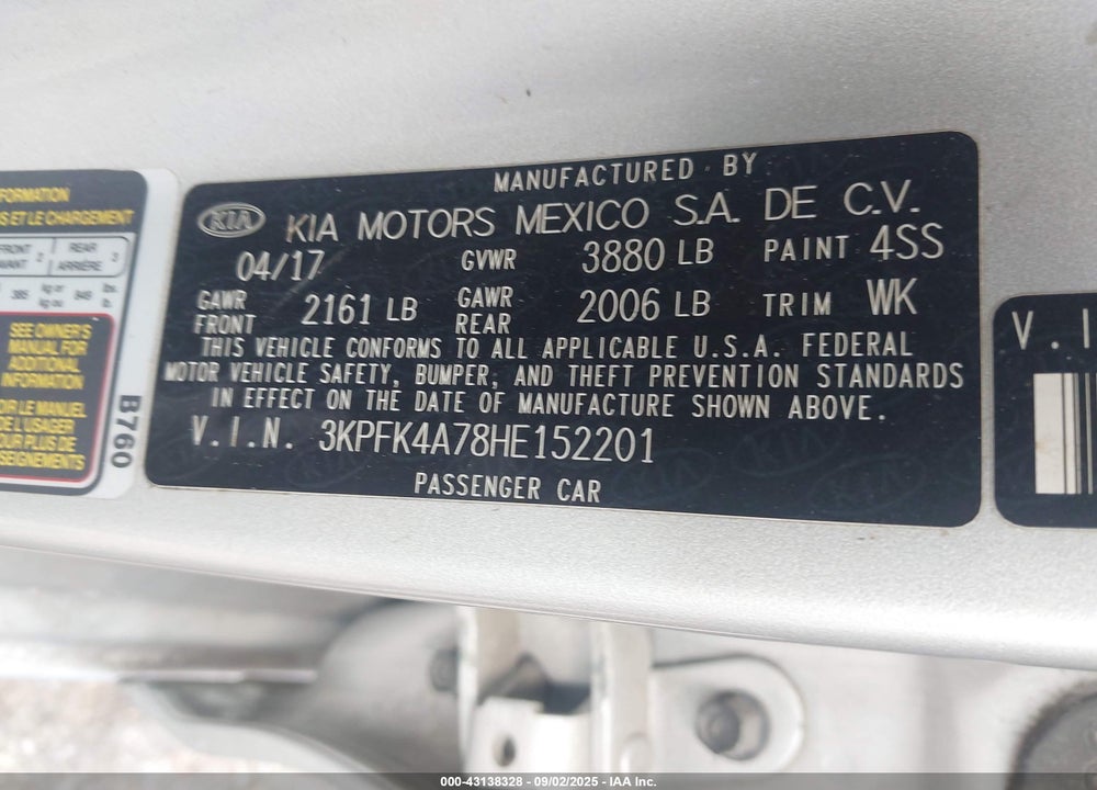 2017 KIA FORTE LX VIN: 3KPFK4A78HE152201