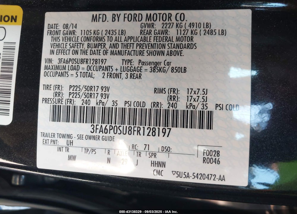 2015 FORD FUSION ENERGI TITANIUM VIN: 3FA6P0SU8FR128197