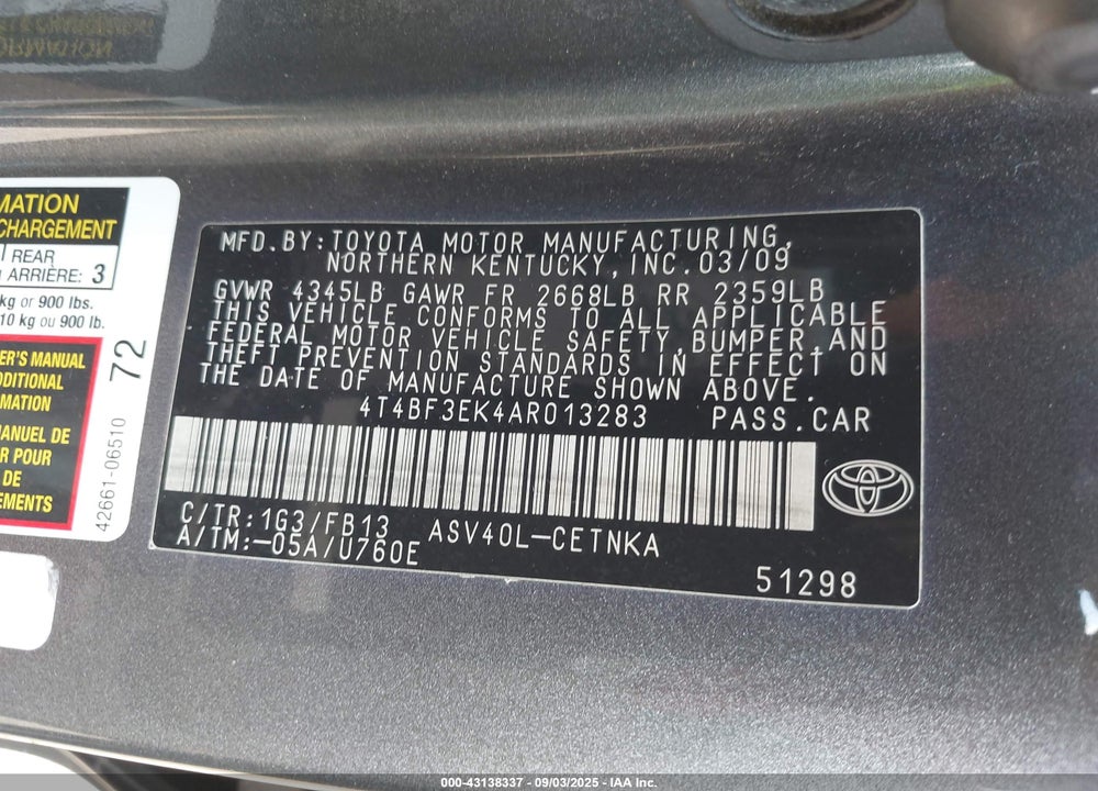 2010 TOYOTA CAMRY VIN: 4T4BF3EK4AR013283