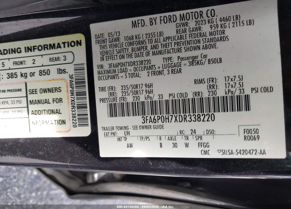 2013 FORD FUSION VIN: 3FA6P0H7XDR338220