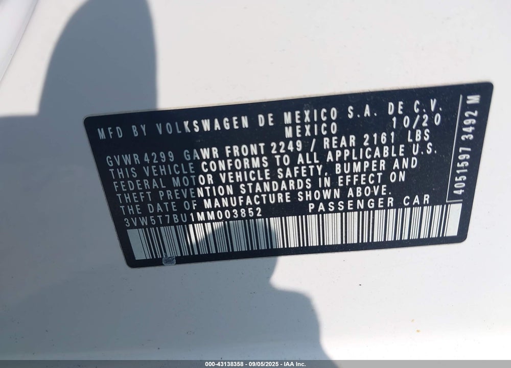 2021 VOLKSWAGEN JETTA VIN: 3VW5T7BU1MM003852
