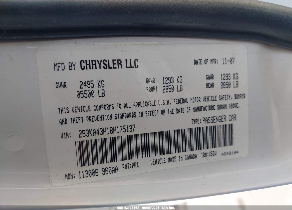 2008 DODGE CHARGER VIN: 2B3KA43H18H175137