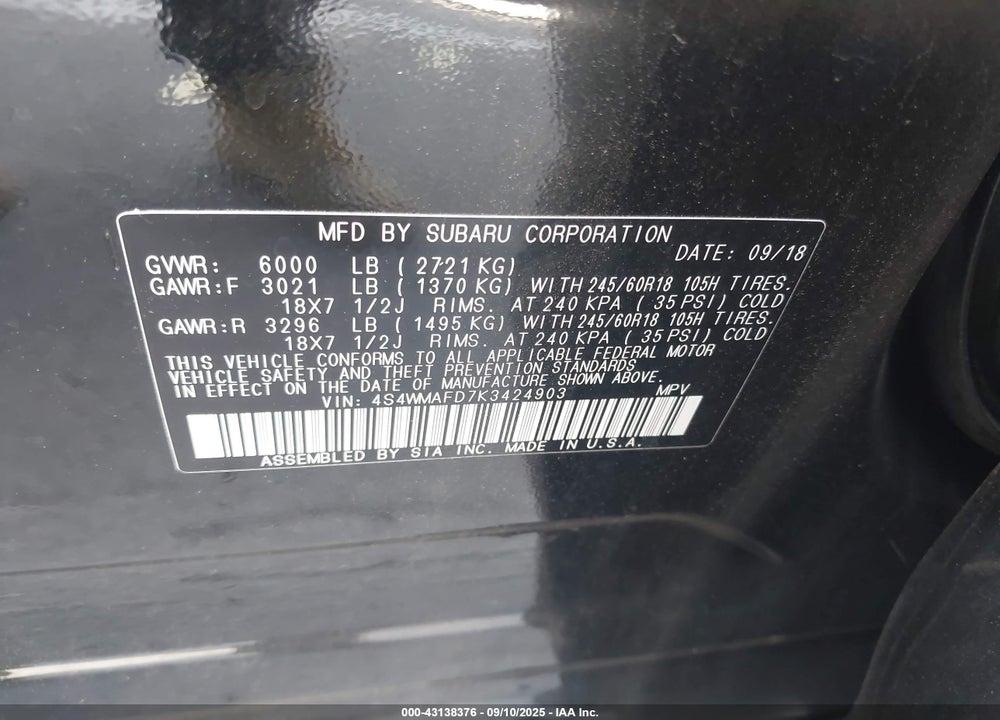 2019 SUBARU ASCENT VIN: 4S4WMAFD7K3424903