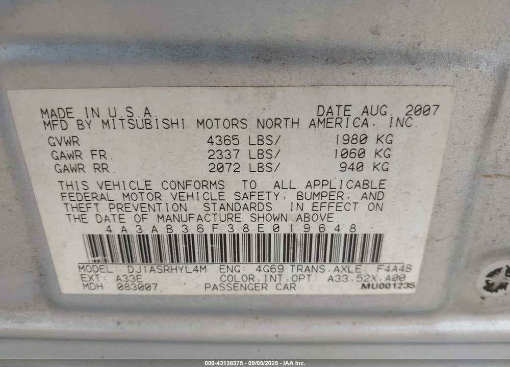 2008 MITSUBISHI GALANT ES VIN: 4A3AB36F38E019648