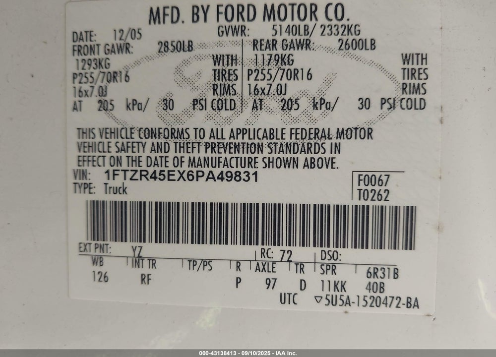 2006 FORD RANGER FX4 LEVEL II/FX4 OFF-ROAD/SPORT/XLT VIN: 1FTZR45EX6PA49831