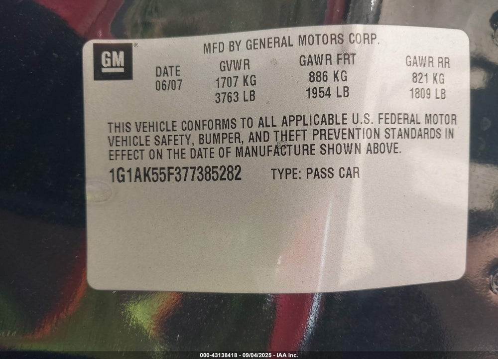 2007 CHEVROLET COBALT VIN: 1G1AK55F377385282