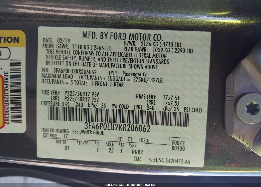 2019 FORD FUSION VIN: 3FA6P0LU2KR206062