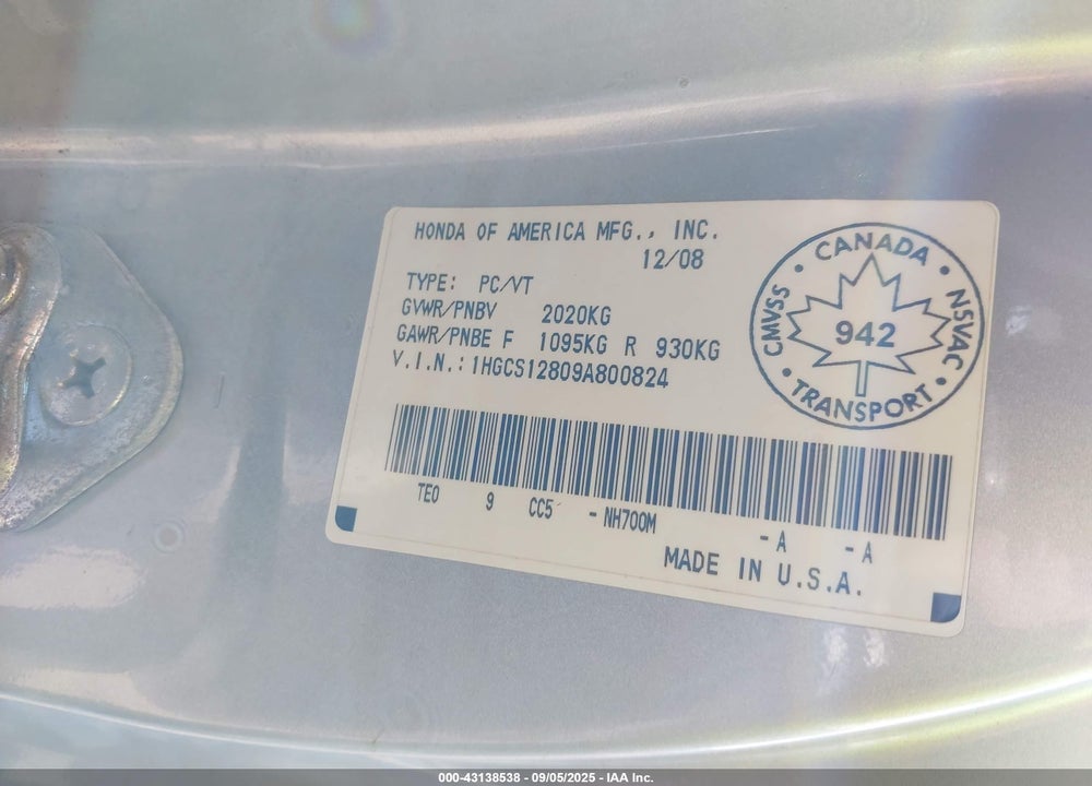 2009 HONDA ACCORD 2.4 EX-L VIN: 1HGCS12809A800824