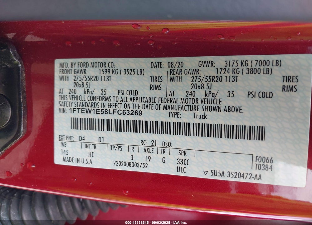 2020 FORD F-150 VIN: 1FTEW1E58LFC63269
