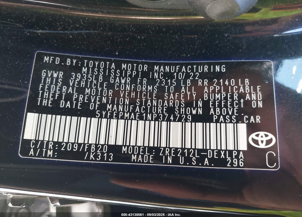 2022 TOYOTA COROLLA LE VIN: 5YFEPMAE1NP374729