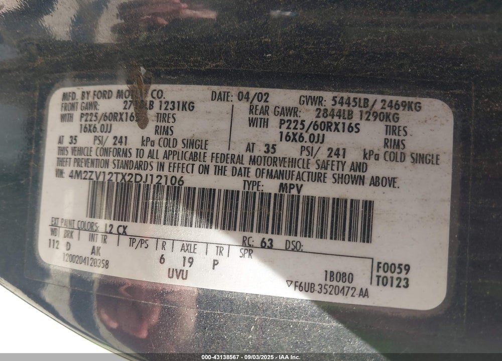 2002 MERCURY VILLAGER SPORT VIN: 4M2ZV12TX2DJ12106