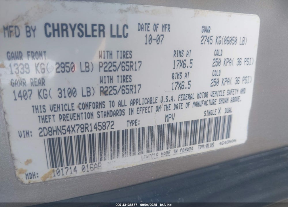 2008 DODGE GRAND CARAVAN SXT VIN: 2D8HN54X78R145872