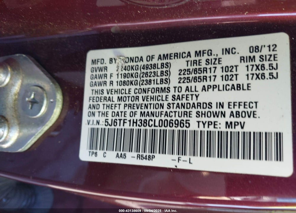 2012 HONDA CROSSTOUR EX VIN: 5J6TF1H38CL006965