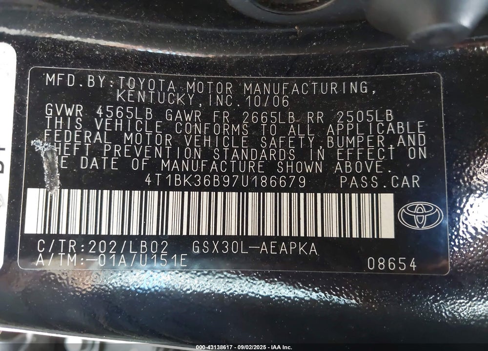 2007 TOYOTA AVALON LIMITED VIN: 4T1BK36B97U186679
